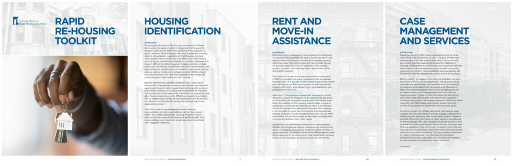 Thumbnails of Toolkit Cover and Chapter pages covering 3 main sections: Housing Identification, Rent and Move-in Assistance, and Case Management and Services.